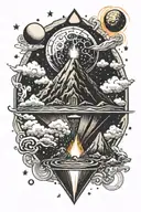 an erupting volcano with an outer space background with planets in two diamonds tattoo design idea