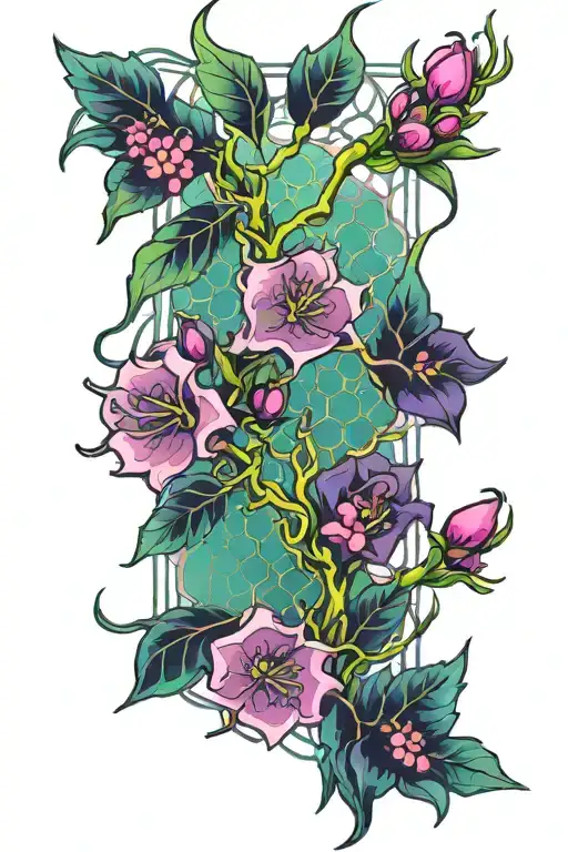 mesh netting and blackthorn with flowers in cool gradient colors with the addition of pink and green tattoo design idea