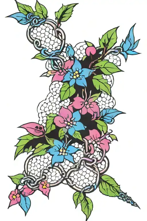chain link mesh fence with blackthorn with spikes and flowers, pink, violet, blue, green colors tattoo design idea