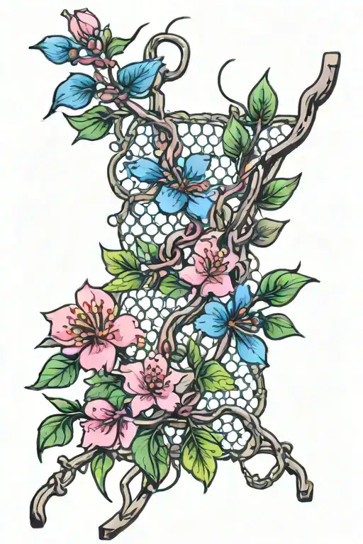 chain link mesh fence with blackthorn and flowers, pink, violet, blue, green colors tattoo design idea