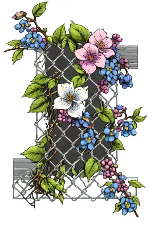 chain link mesh fence with blackthorn bush branch and flowers, pink, violet, blue, green colors tattoo design idea