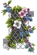 chain link mesh fence with blackthorn bush branch and flowers, pink, violet, blue, green colors tattoo design idea