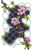 chain link mesh fence with blackthorn bush branch and flowers, pink, violet, blue, green colors tattoo design idea