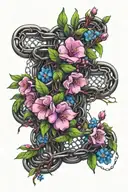 chain link mesh with blackthorn bush branch and flowers, pink, violet, blue, green colors tattoo design idea