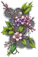 chain link mesh with blackthorn bush branch and flowers, pink, violet, blue, green colors tattoo design idea