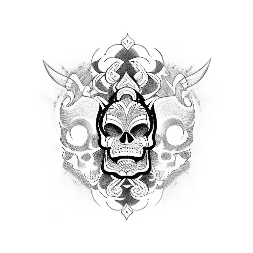 A blackwork tattoo of a skull wearing a traditional Japanese kabuki mask tattoo design idea