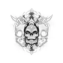 A blackwork tattoo of a skull wearing a traditional Japanese kabuki mask tattoo design idea