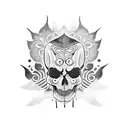 A blackwork tattoo of a skull wearing a traditional Japanese kabuki mask tattoo design idea