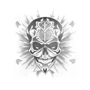 A blackwork tattoo of a skull wearing a traditional Japanese kabuki mask tattoo design idea
