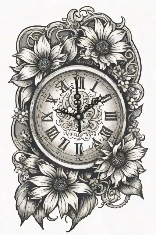 clock at 11:32 on April 4 with a daisy and Nora Kathleen written somewhere tattoo design idea