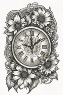 clock at 11:32 on April 4 with a daisy and Nora Kathleen written somewhere tattoo design idea