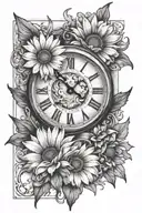 clock at 11:32 on April 4 with a daisy and Nora Kathleen written somewhere tattoo design idea
