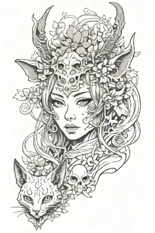 hannya mask girl mushrooms forest witch cat demon horns fawn tattoo design idea