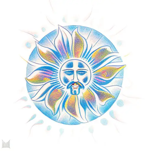 A traditional tattoo of Jesus holding a bouquet of summer flowers with a sun and water waves in the background tattoo design idea