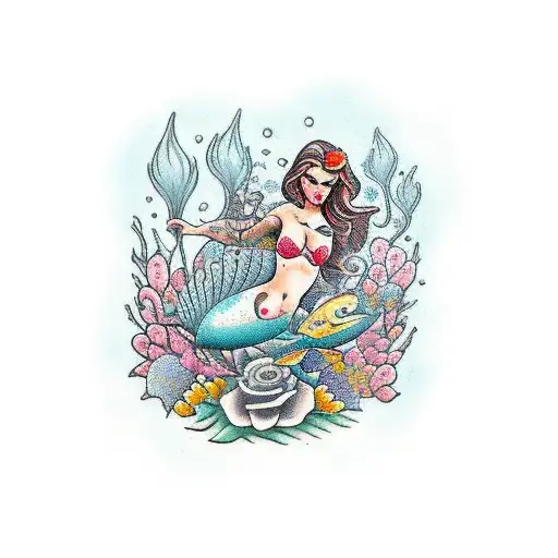 A traditional tattoo of a swimming mermaid holding a bouquet of Disney-inspired flowers tattoo design idea