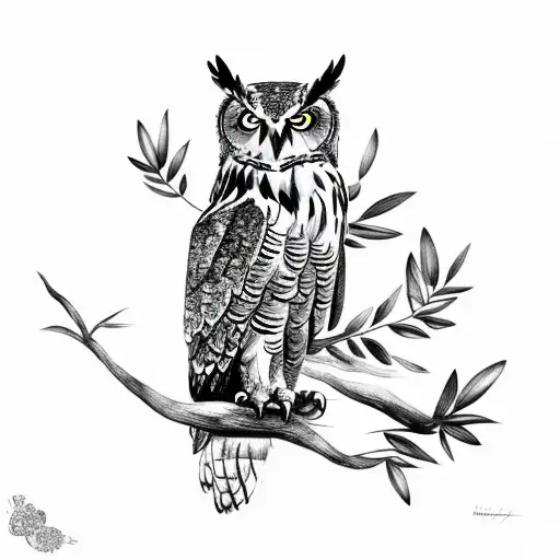 eagle owl on olive branch tattoo design idea