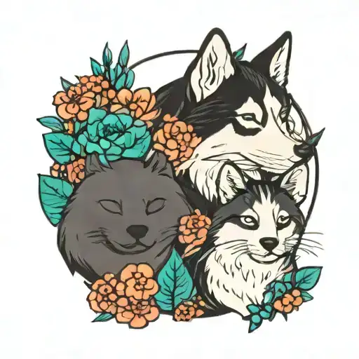flower beds with sleeping cats and husky dog tattoo design idea