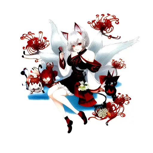 Oni and spider lily with kitsune  tattoo design idea