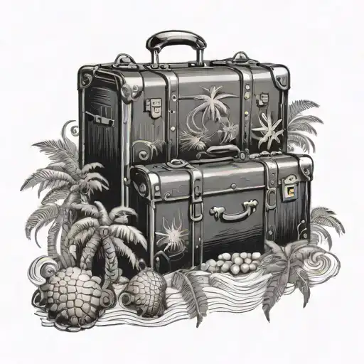 A vintage suitcase with Caribbean-inspired motifs like palm trees and seashells, symbolizing a wanderlust for travel and the beach tattoo design idea