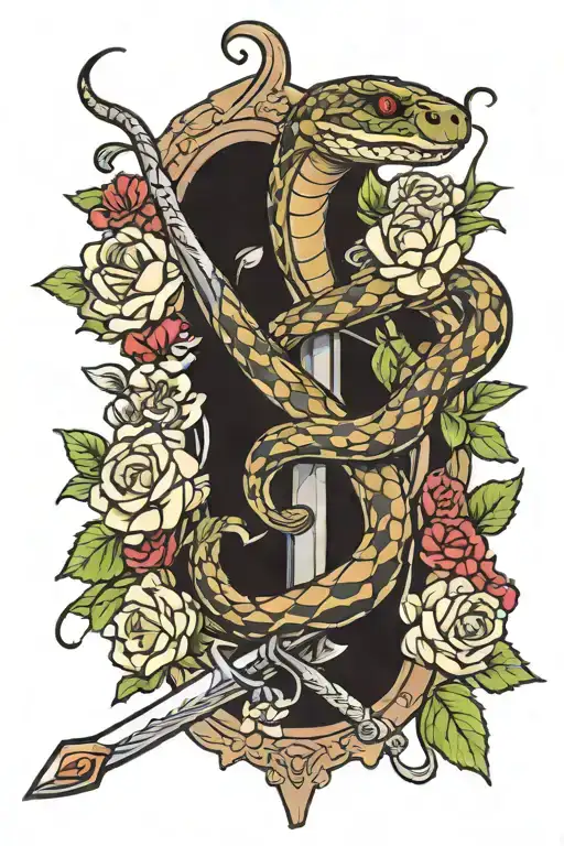 snake eating a broken sword with flowers   tattoo design idea