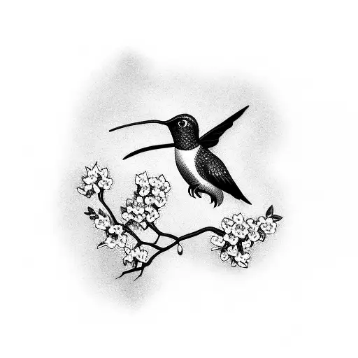 A realistic hummingbird perched on a delicate branch of cherry blossoms tattoo design idea