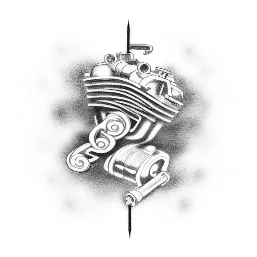 A muscle car engine with musical notes as exhaust fumes tattoo design idea