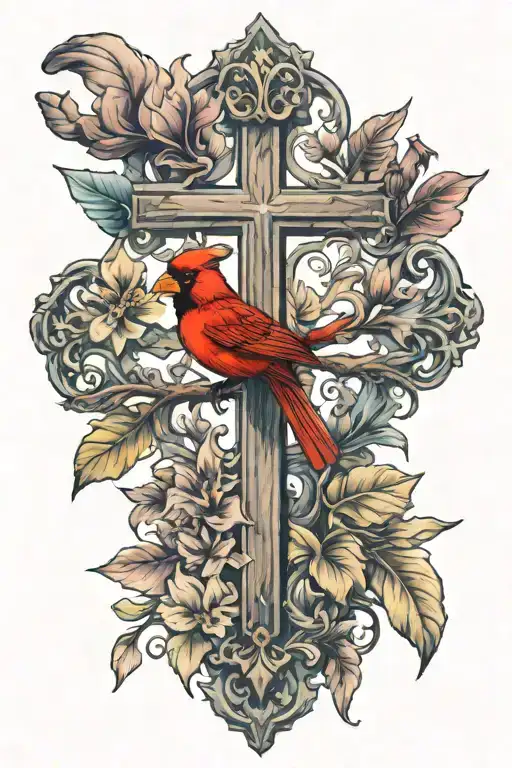 cross with a cardinal on top of it no flowers  tattoo design idea