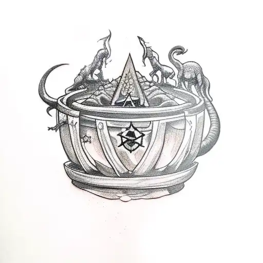 a tattoo of a witch's cauldron with dinosaurs bones and pentagram flames tattoo design idea