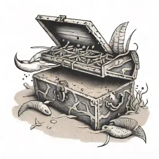 A dotwork tattoo of a mysterious chest buried in the sand, with fishing lures hanging out of it and tire tracks leading away tattoo design idea