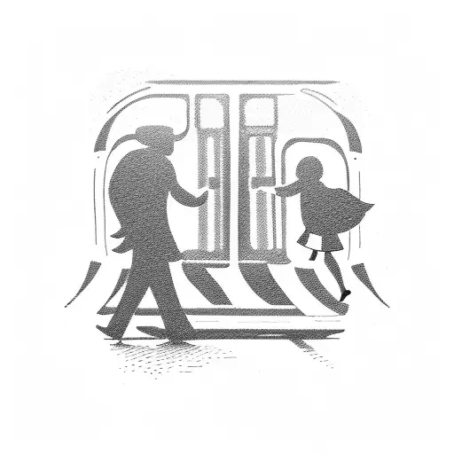silhouette of dad with 2 young daughters on a train track walking towards a broken clock tattoo design idea