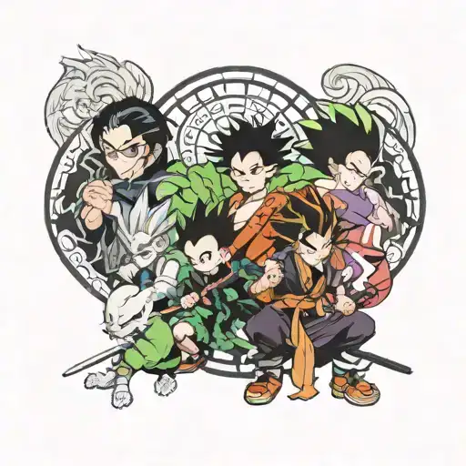 demon slayer anime characters collage with a mix of dragon ball z and hunter x hunter   tattoo design idea