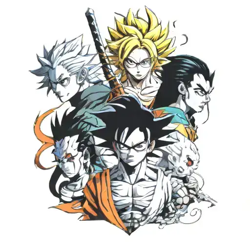 demon slayer anime characters collage with dragon ball z and hunter x hunter   tattoo design idea