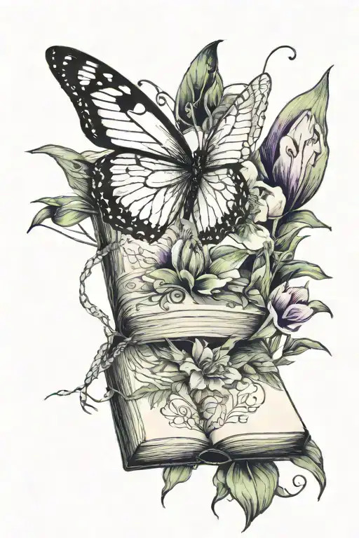 Book, white butterfly, green frog, purple tulip, needle with thread tattoo design idea