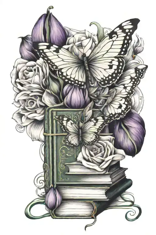 Book, white butterfly, green frog, purple tulip, needle with thread tattoo design idea