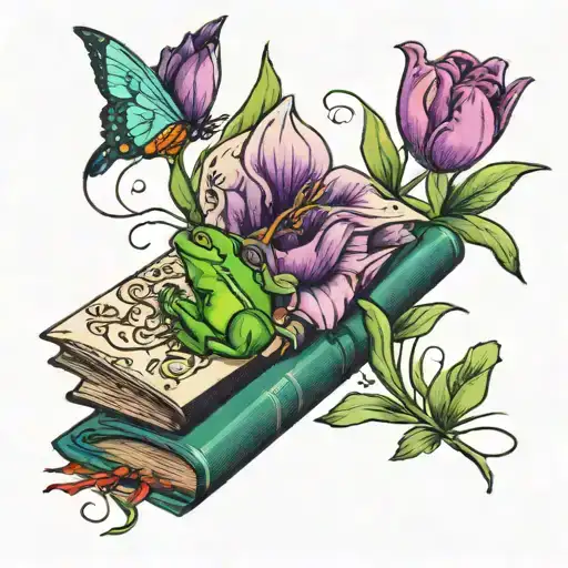 Book, white butterfly, green frog, purple tulip, needle with thread tattoo design idea