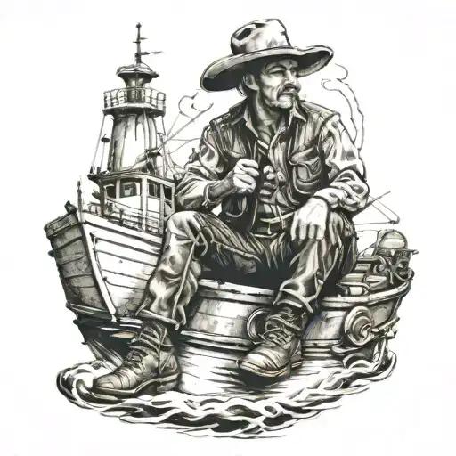 cowboy sitting on a tugboat  tattoo design idea