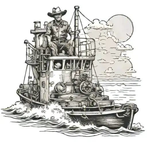 cowboy standing on the front of a tugboat  tattoo design idea
