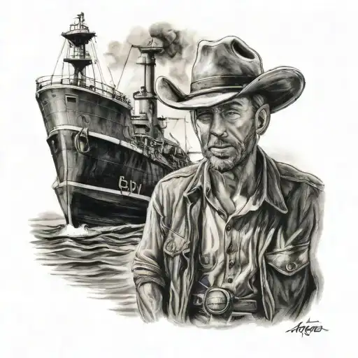 cowboy on the front of a tugboat  tattoo design idea