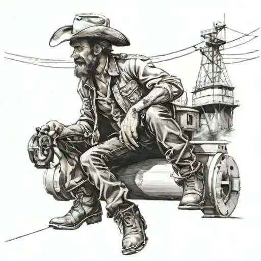 human size cowboy sitting on the side of a tugboat  tattoo design idea