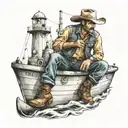 cowboy sitting on a tugboat  tattoo design idea