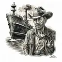 cowboy on the front of a tugboat  tattoo design idea