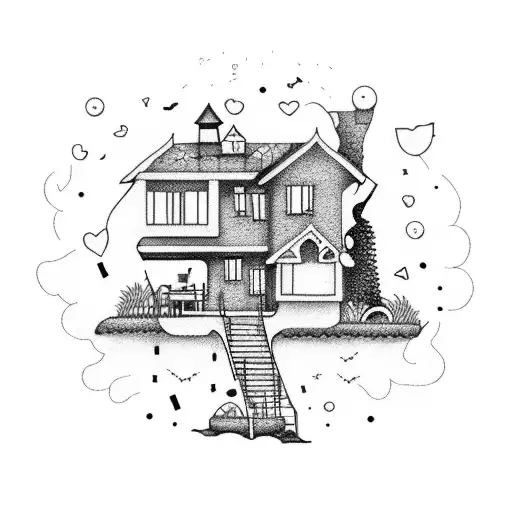 A dotwork tattoo of a cozy beach house with musical notes floating in the air tattoo design idea