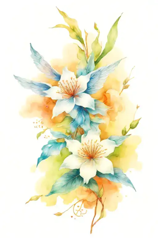 Japanese flowers with angel wing blended in tattoo design idea