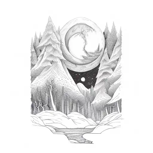 deer forest mountain moon lake tattoo design idea