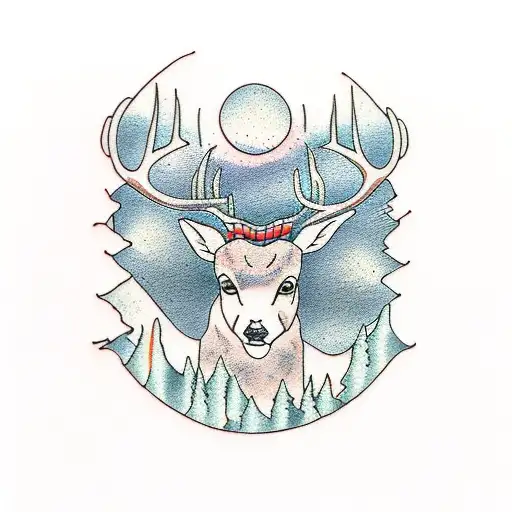 deer forest mountain moon lake tattoo design idea