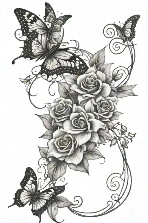 thin leaf vine wrap with roses and lilies surrounded by butterflies  tattoo design idea