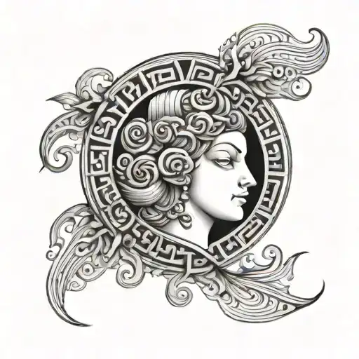 A black-grey tattoo of the planet Venus surrounded by intricate Greek key patterns symbolizing beauty and love tattoo design idea
