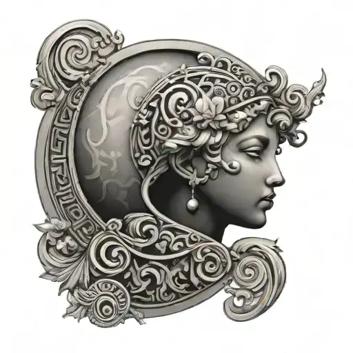 A black-grey tattoo of the planet Venus surrounded by intricate Greek key patterns symbolizing beauty and love tattoo design idea