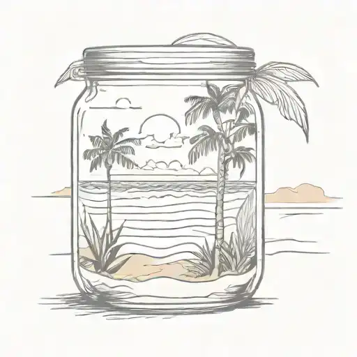 Glass jar with sunrise on ocean beach into it, with surf sunbed and tropical trees tattoo design idea