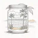 Glass jar with sunrise on ocean beach into it, with surf sunbed and tropical trees tattoo design idea